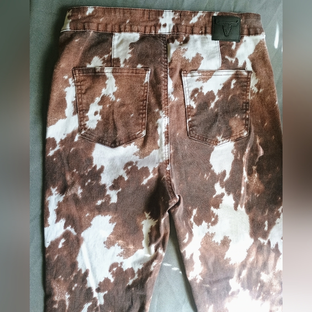 L&B Brown and White Cow Print Flare Jeans - Picture 5 of 8
